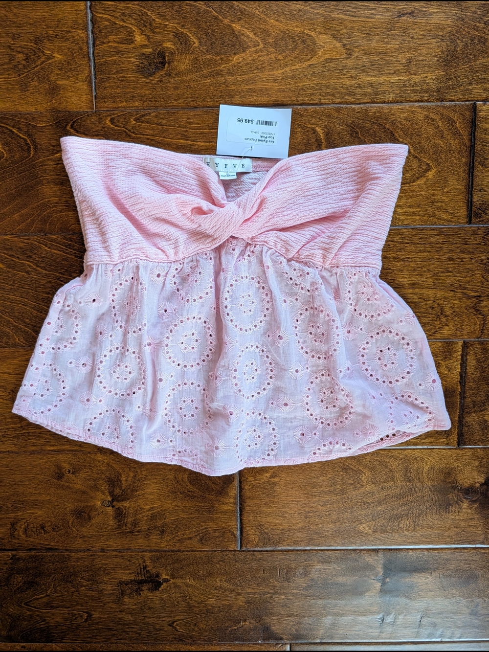 NWT: HYFVE Pink Eyelet Peplum Strapless Top Size Small